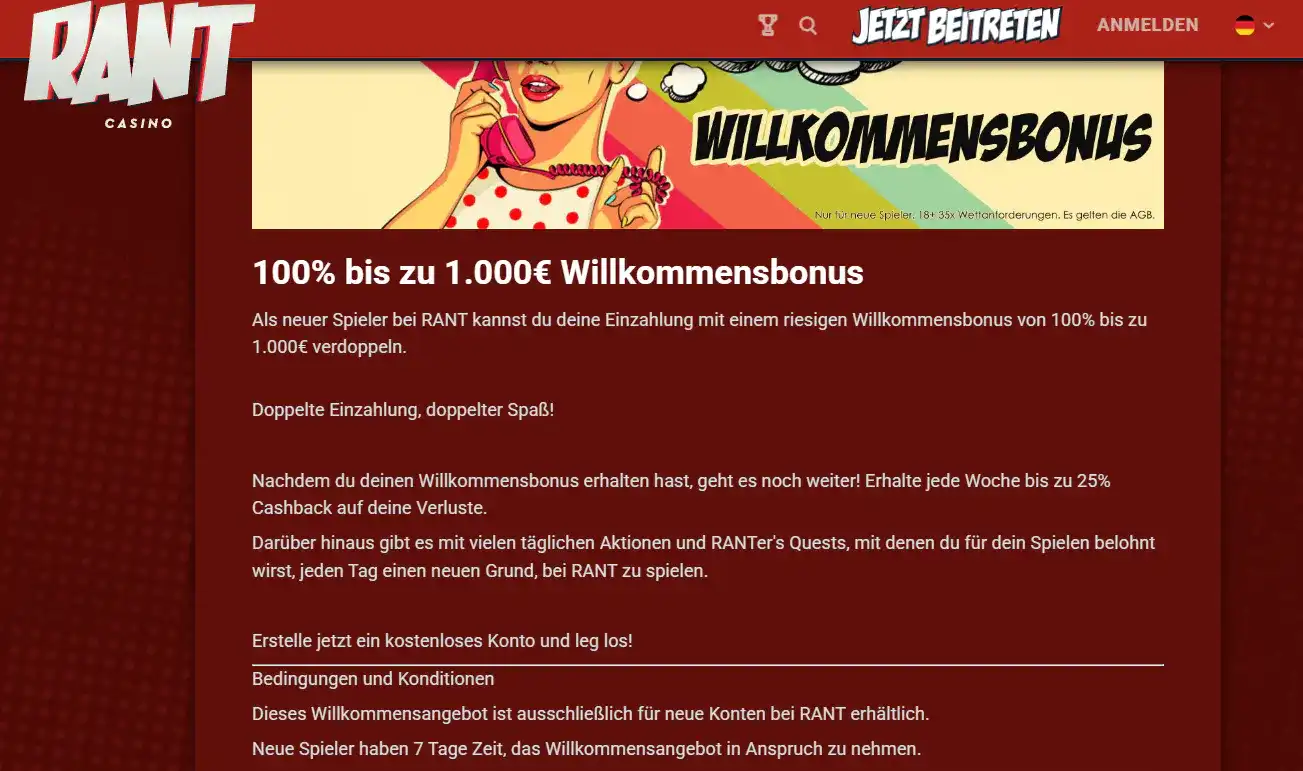 Aktuelle RANT Welcome-Offer- und Bonusbedingungen