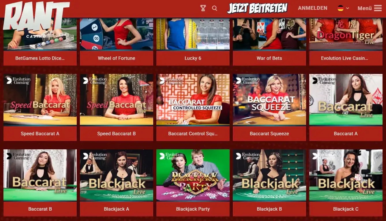 RANT Live-Casino-Lobby mit aktuellen Live-Dealer-Spielen