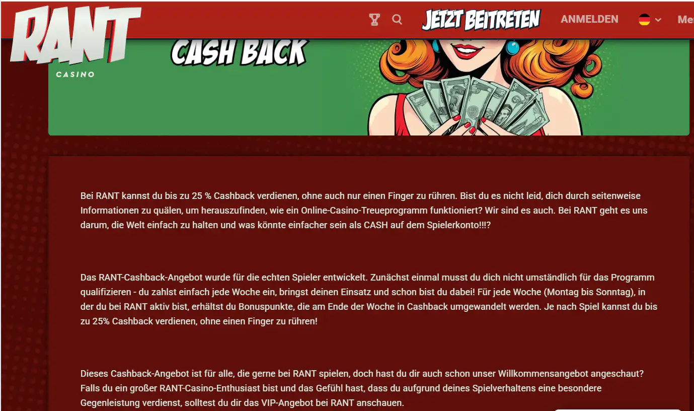 RANT Cashback-Seite mit der aktuellen Stufen- und Programmdarstellung