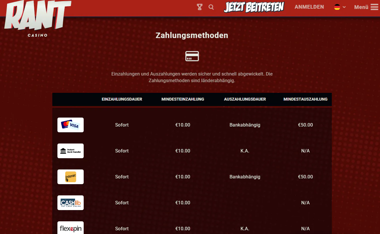 RANT Cashier mit sichtbaren Einzahlungsoptionen