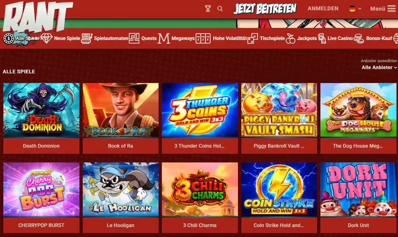 RANT Casino Startseite mit sichtbarer Markenoptik